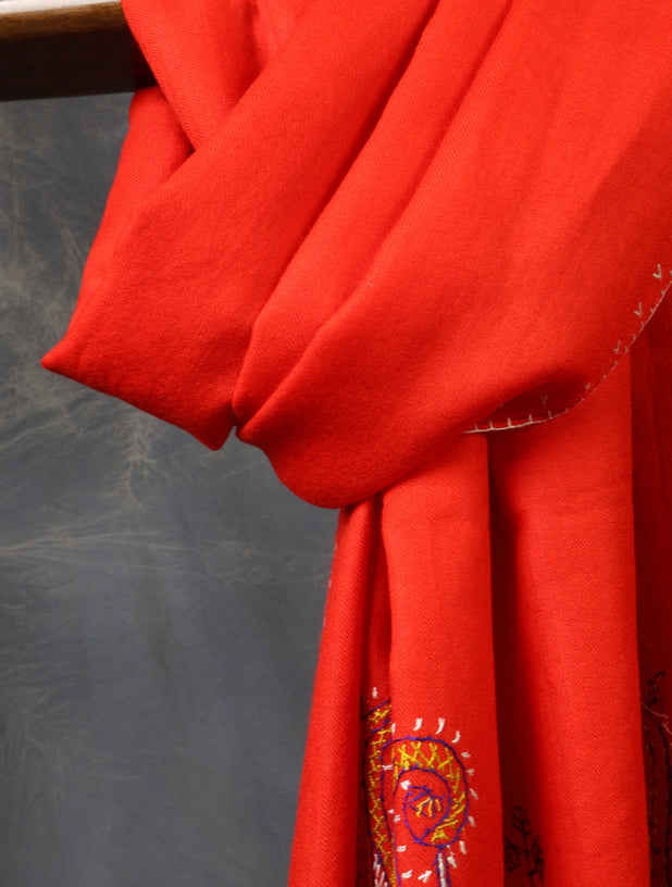 Red Base Big Border Sozni Embroidery Merino Wool Scarf
