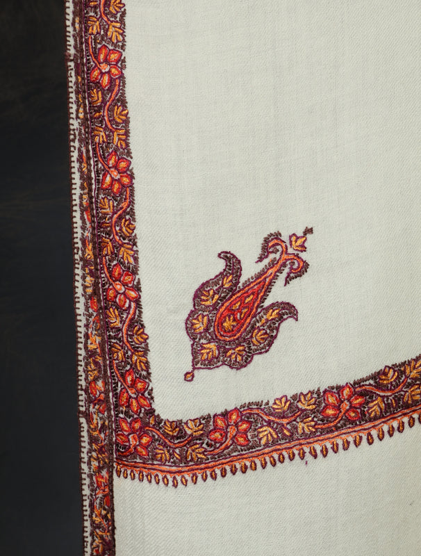 Oversized 3 yard Ivory Base Small Border Embroidery Merino Shawl