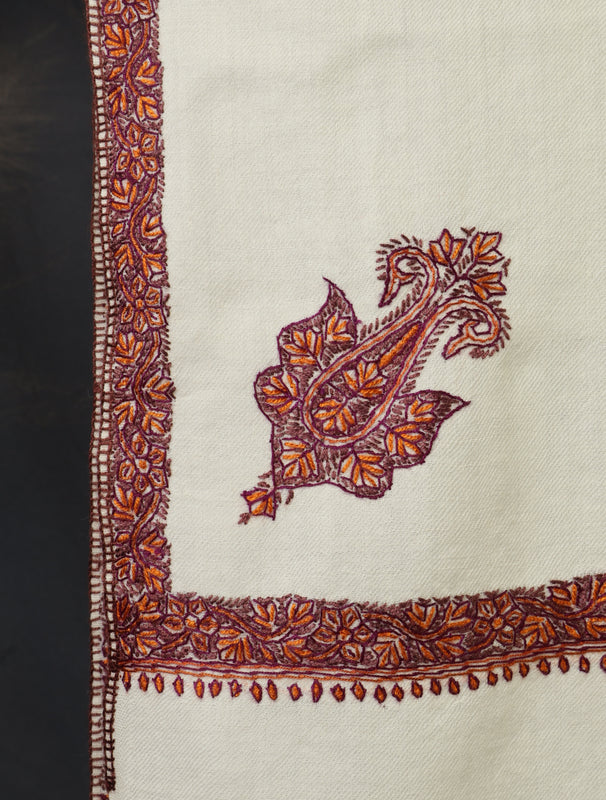 Oversized 3 yard Ivory Base Small Border Embroidery Merino Shawl