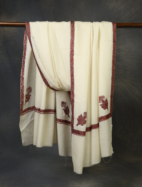 Oversized 3 yard Ivory Base Small Border Embroidery Merino Shawl