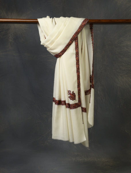 Ivory Base Small Border Embroidery Merino Shawl