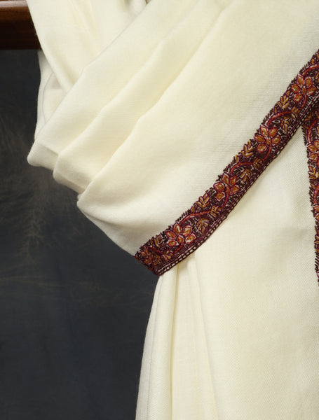 Ivory Base Small Border Embroidery Merino Shawl