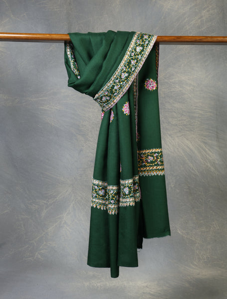 Green Base With Red Buteh Motif Merino wool Embroidery Shawl