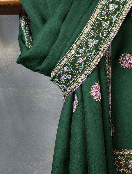Green Base With Red Buteh Motif Merino wool Embroidery Shawl