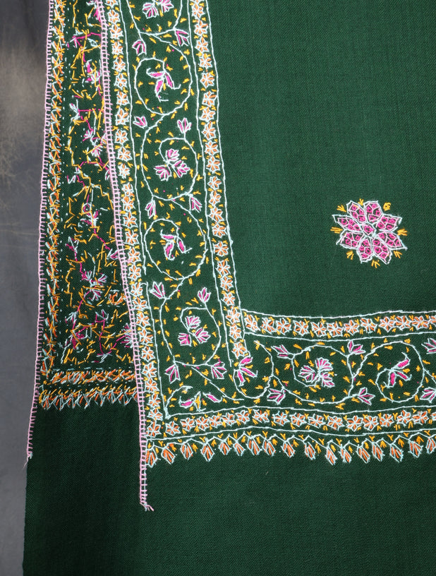Green Base With Red Buteh Motif Merino wool Embroidery Shawl