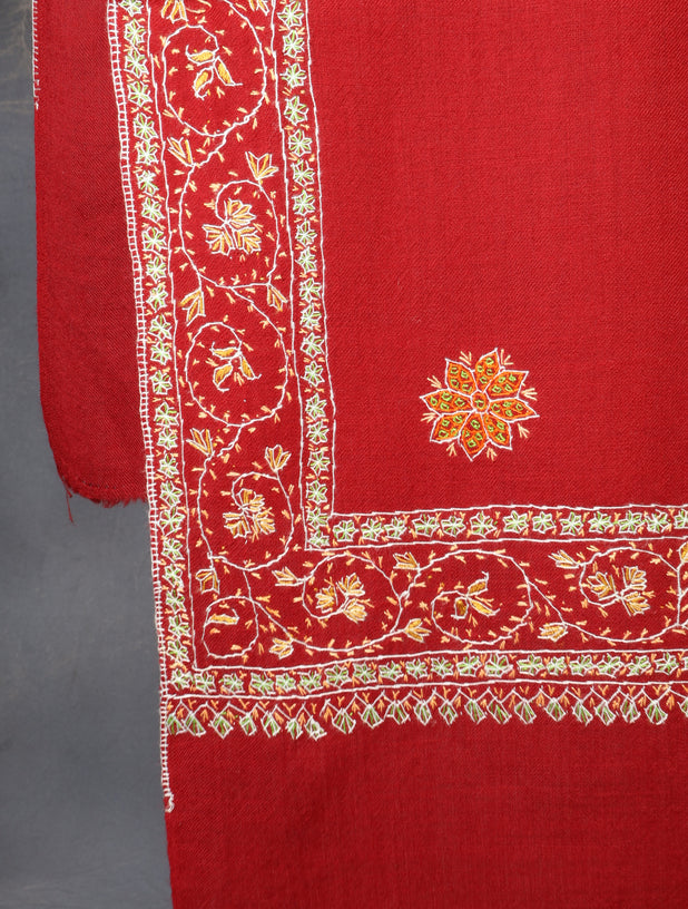 Red Base With Red Buteh Motif Merino wool Embroidery Shawl