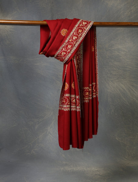 Red Base With Red Buteh Motif Merino wool Embroidery Shawl