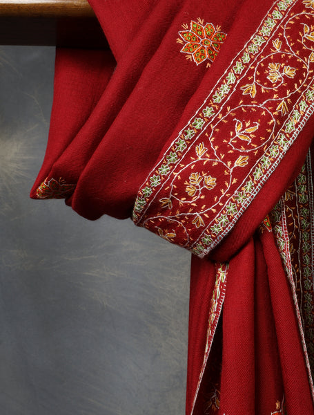 Red Base With Red Buteh Motif Merino wool Embroidery Shawl