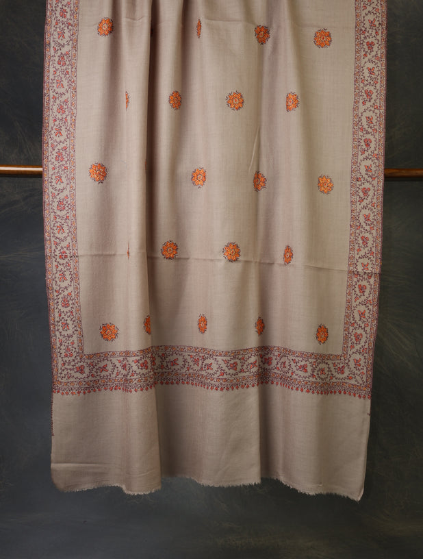 Taupe Base With Buteh Motif Merino wool Embroidery Shawl
