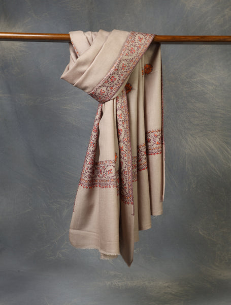 Taupe Base With Buteh Motif Merino wool Embroidery Shawl