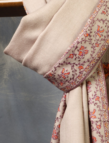 Taupe Base With Buteh Motif Merino wool Embroidery Shawl