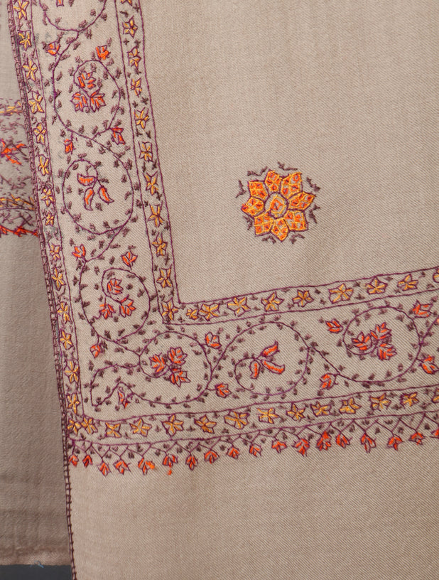 Taupe Base With Buteh Motif Merino wool Embroidery Shawl