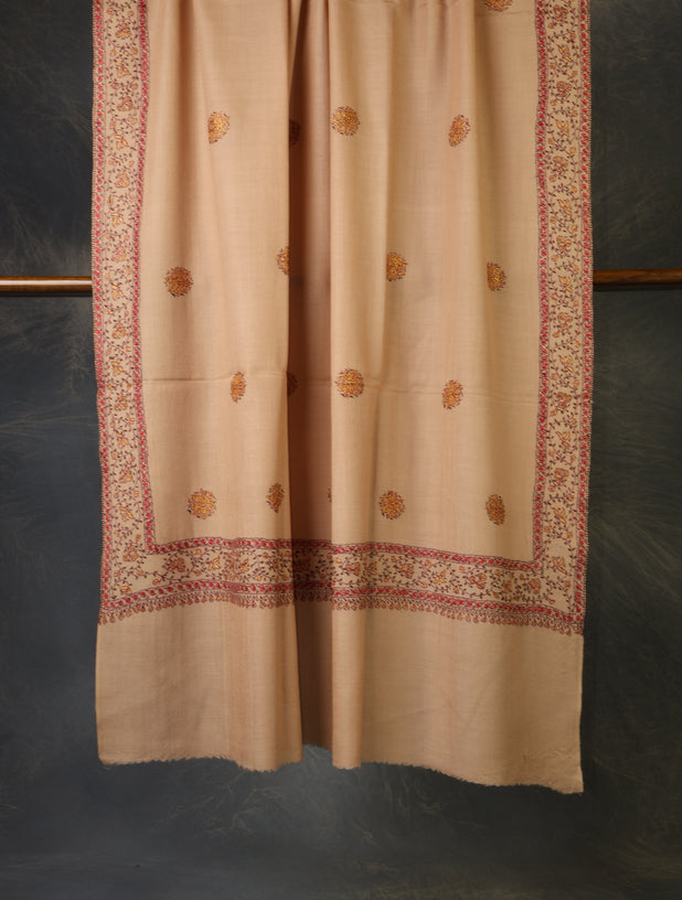 Beige Base With Red Buteh Motif Merino wool Embroidery Shawl