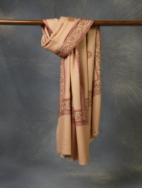 Beige Base With Red Buteh Motif Merino wool Embroidery Shawl
