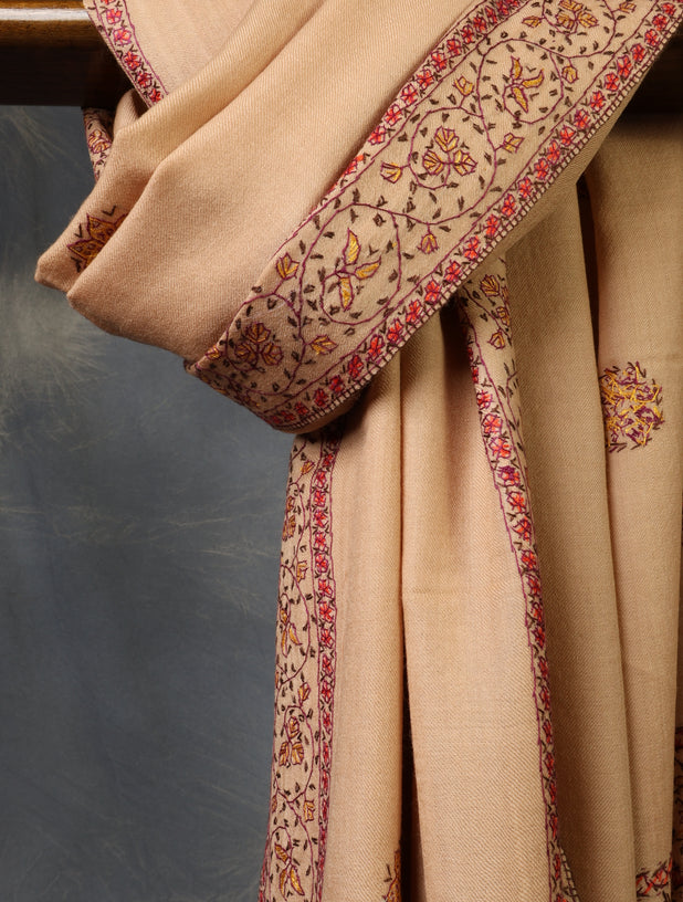 Beige Base With Red Buteh Motif Merino wool Embroidery Shawl