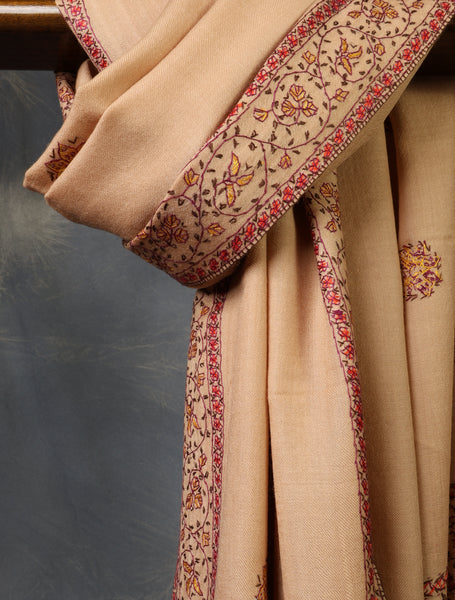 Beige Base With Red Buteh Motif Merino wool Embroidery Shawl