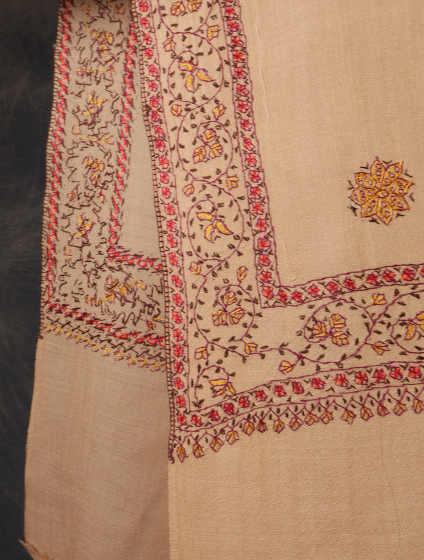 Beige Base With Red Buteh Motif Merino wool Embroidery Shawl
