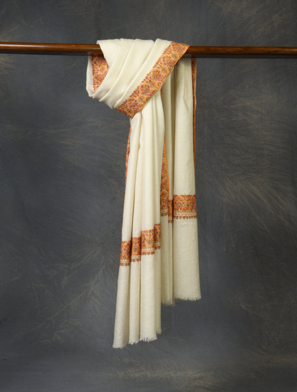 Cream Big Base Big Border Embroidery Cashmere Pashmina Shawl
