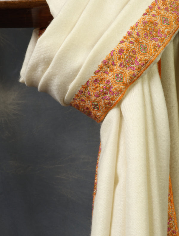 Cream Big Base Big Border Embroidery Cashmere Pashmina Shawl – detail view