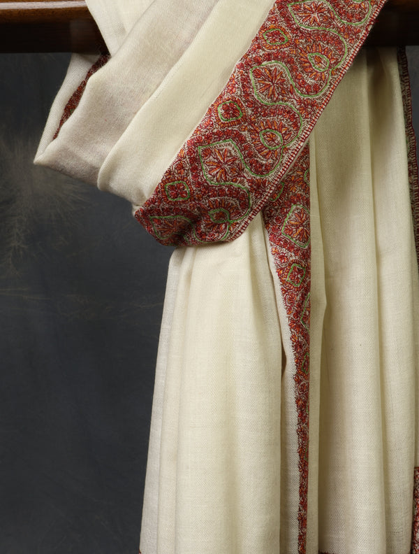 Ivory Base Big Border Embroidery Cashmere Pashmina Shawl – detail view