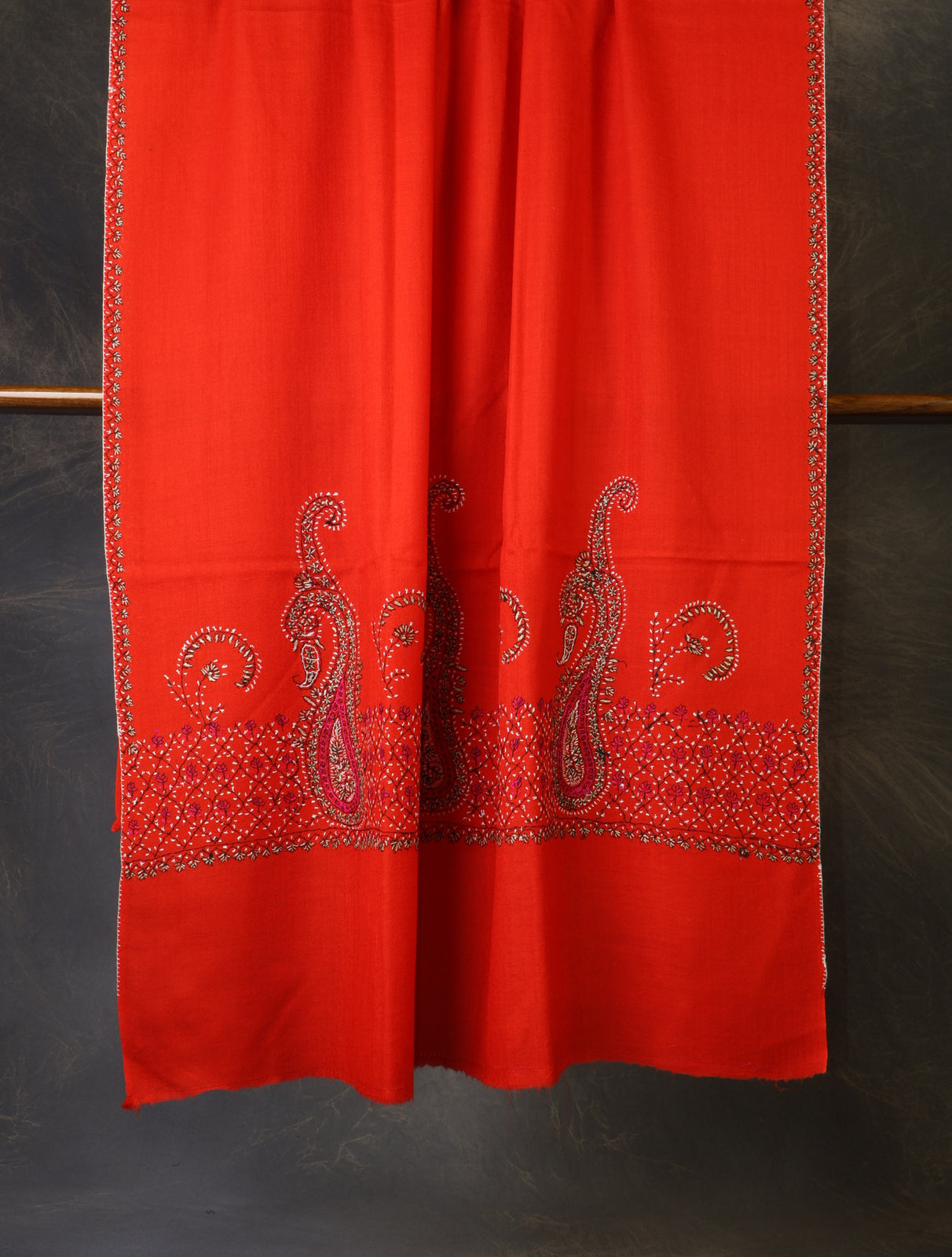 Red Base Big Border Embroidery Merino Shawl
