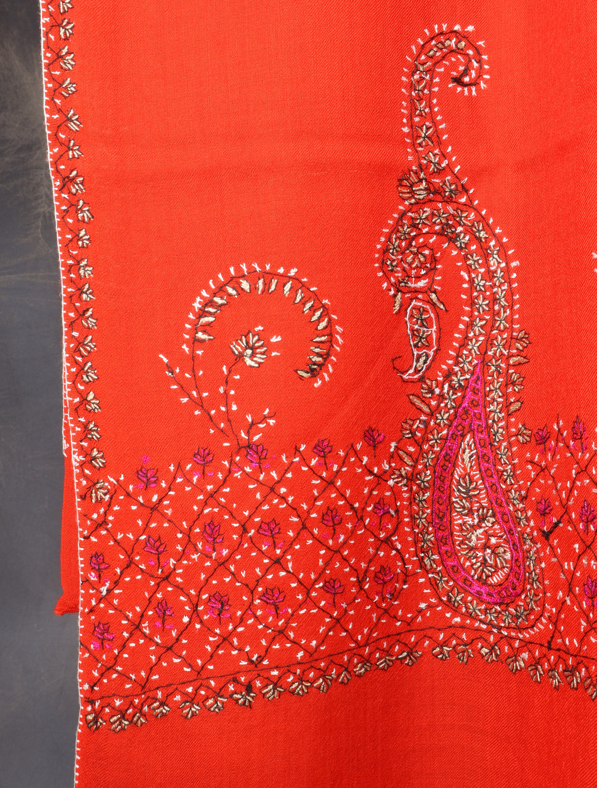 Red Base Big Border Embroidery Merino Shawl