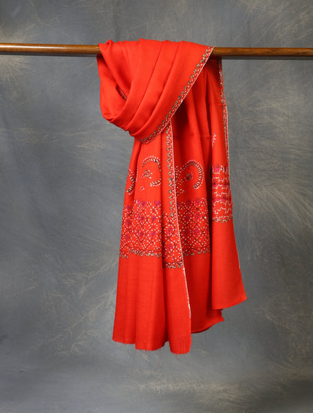 Red Base Big Border Embroidery Merino Shawl