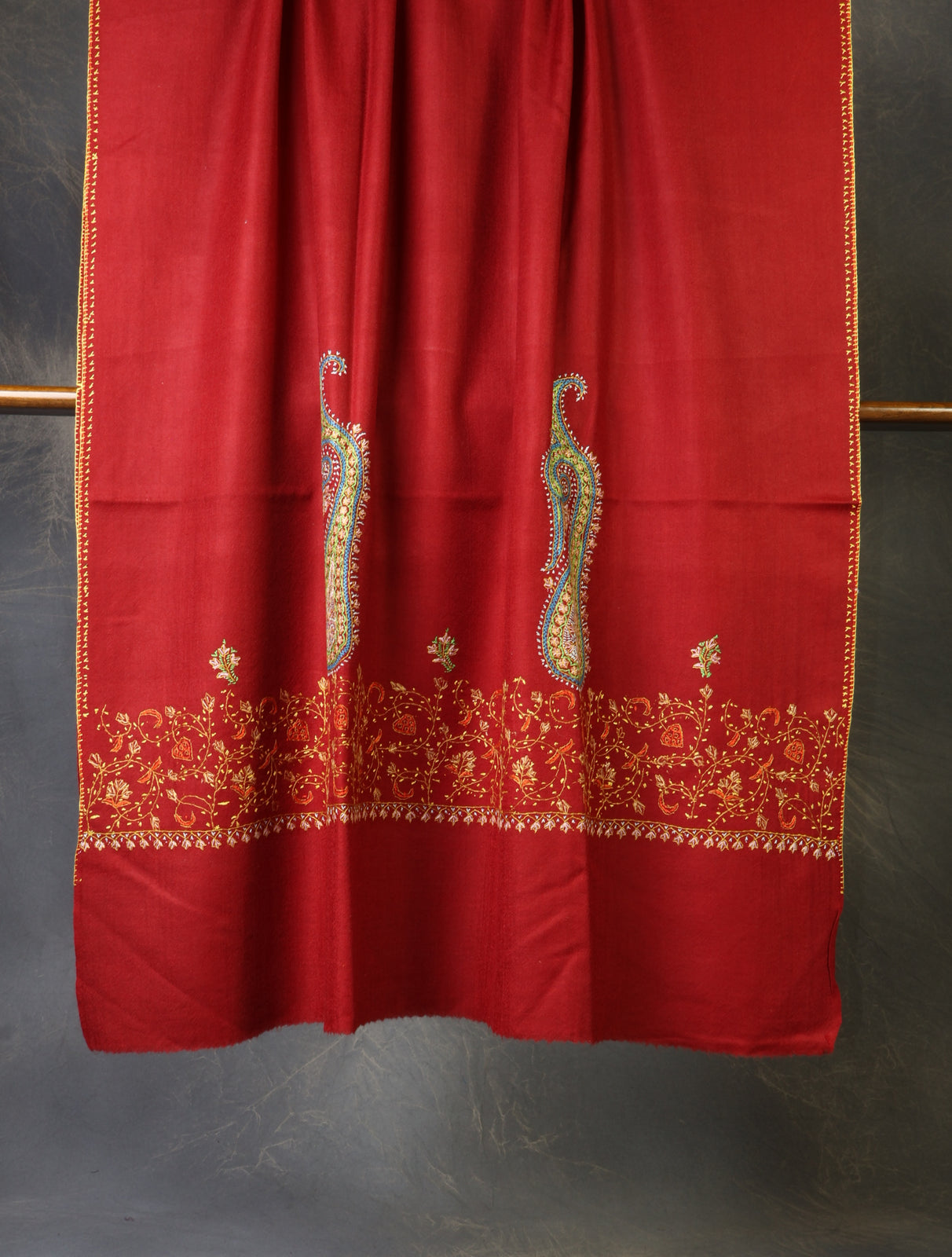 Maroon Base Big Border Embroidery Merino Shawl
