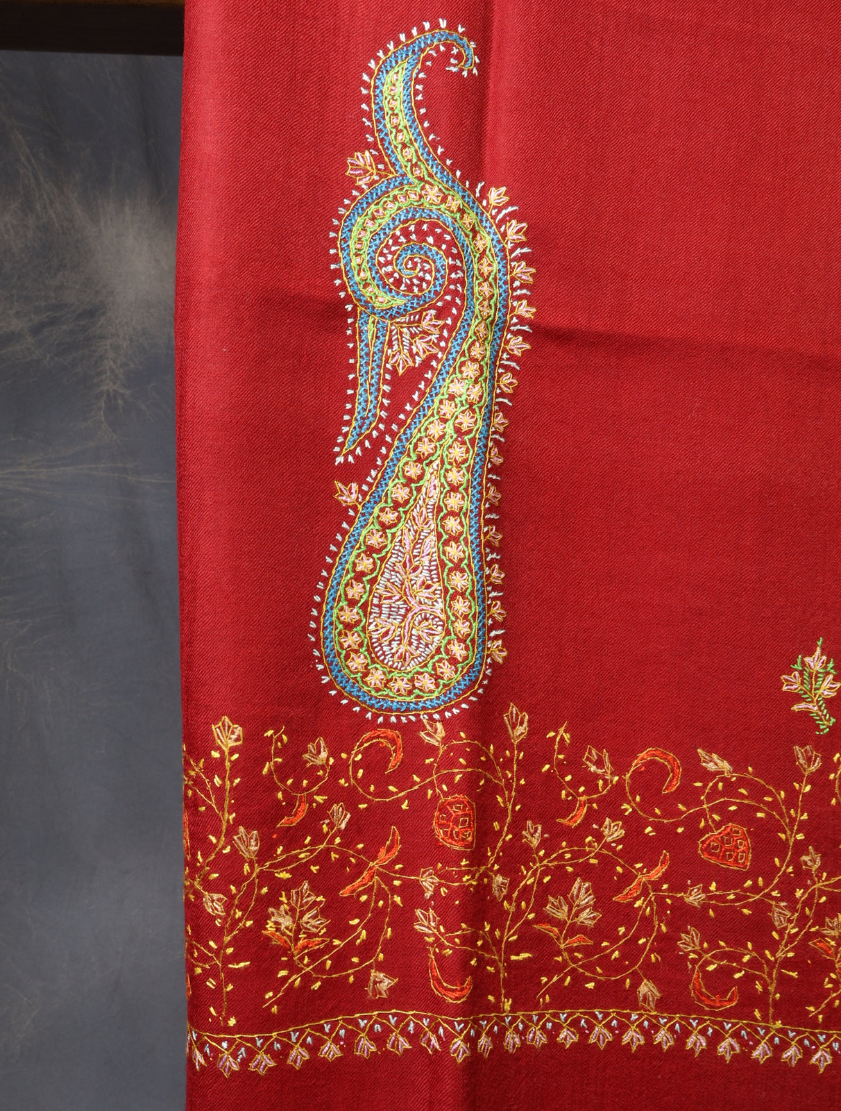 Maroon Base Big Border Embroidery Merino Shawl