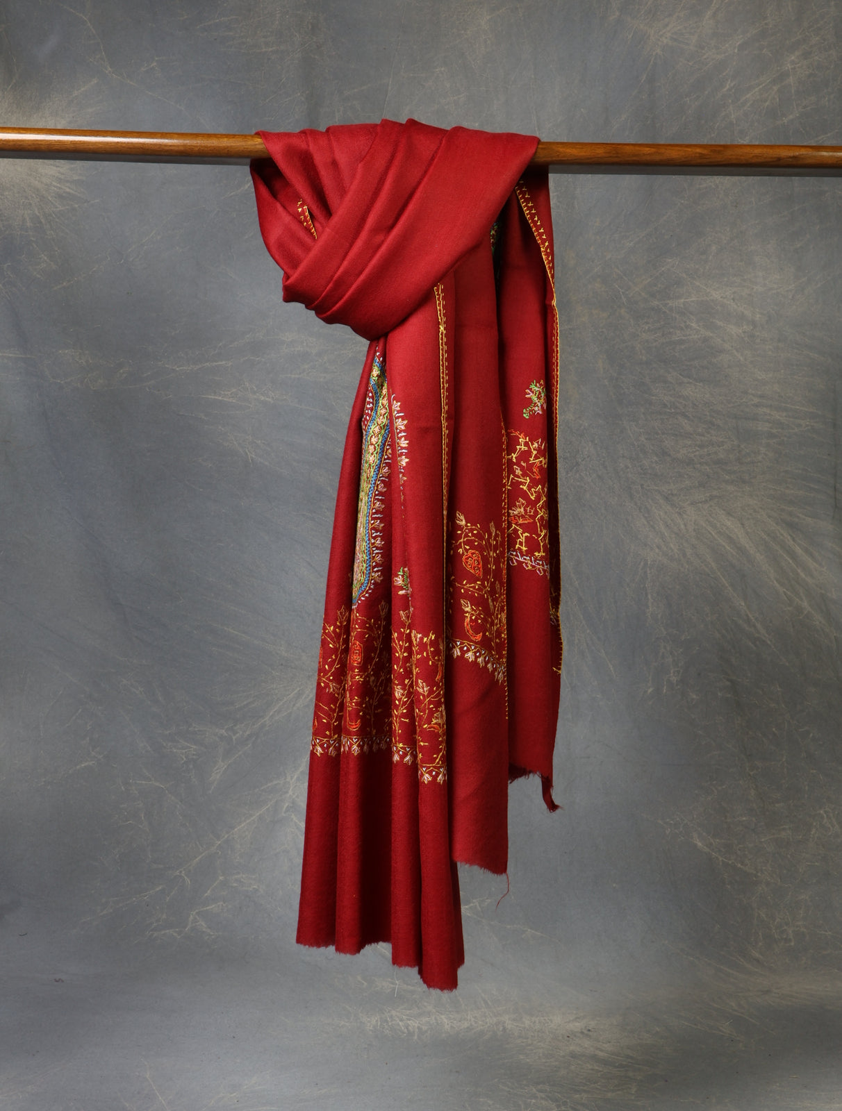 Maroon Base Big Border Embroidery Merino Shawl