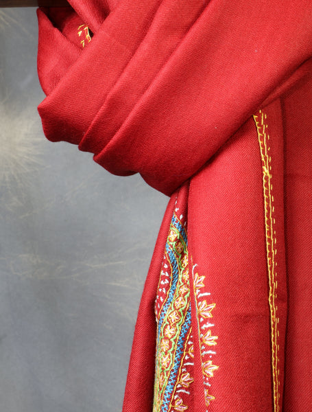 Maroon Base Big Border Embroidery Merino Shawl
