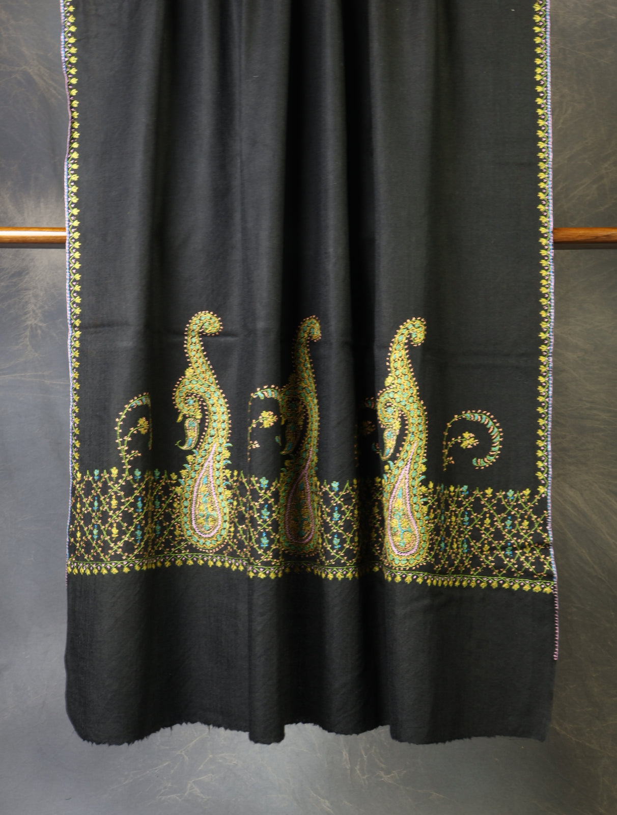 Black Base Big Border Embroidery Merino Shawl