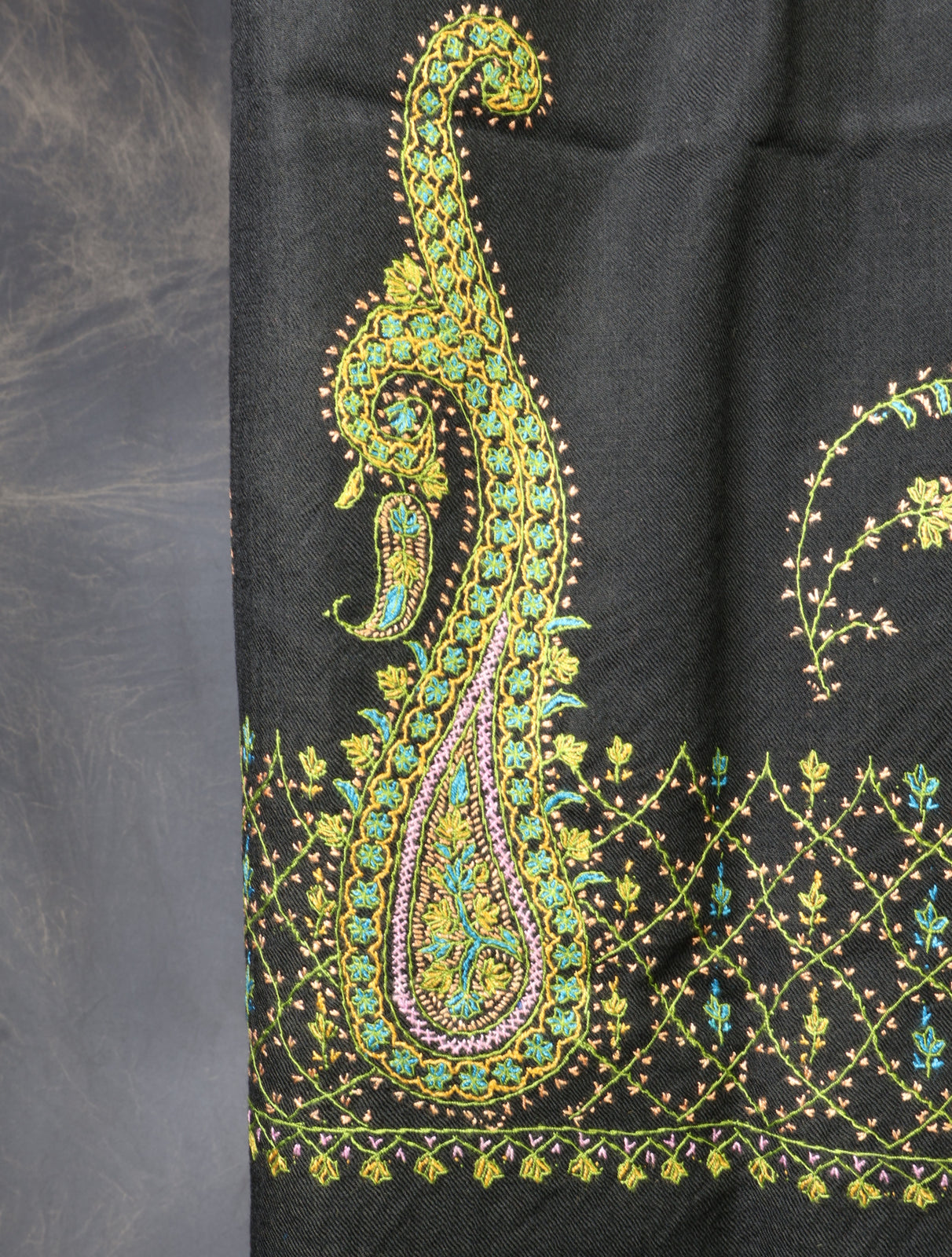 Black Base Big Border Embroidery Merino Shawl