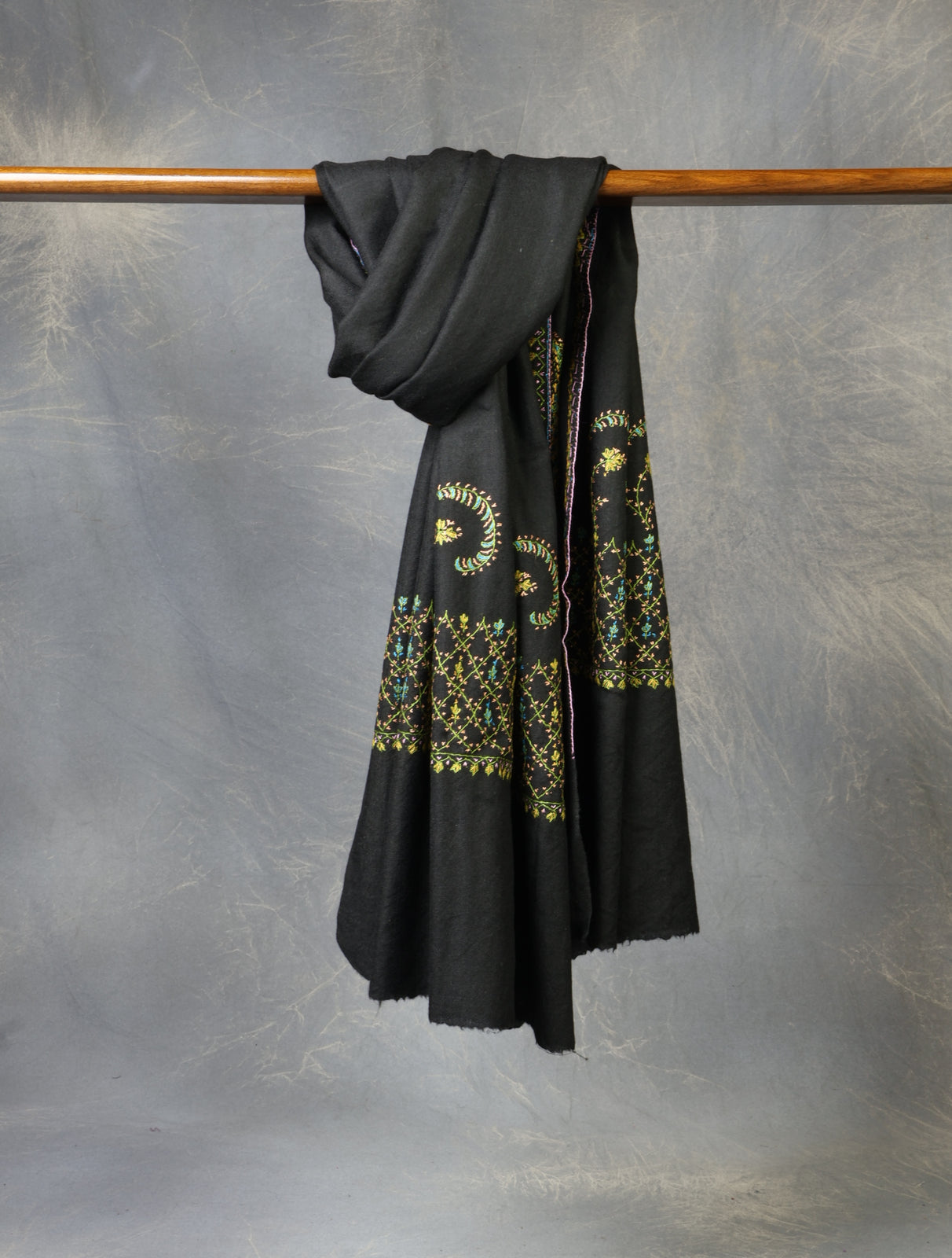 Black Base Big Border Embroidery Merino Shawl