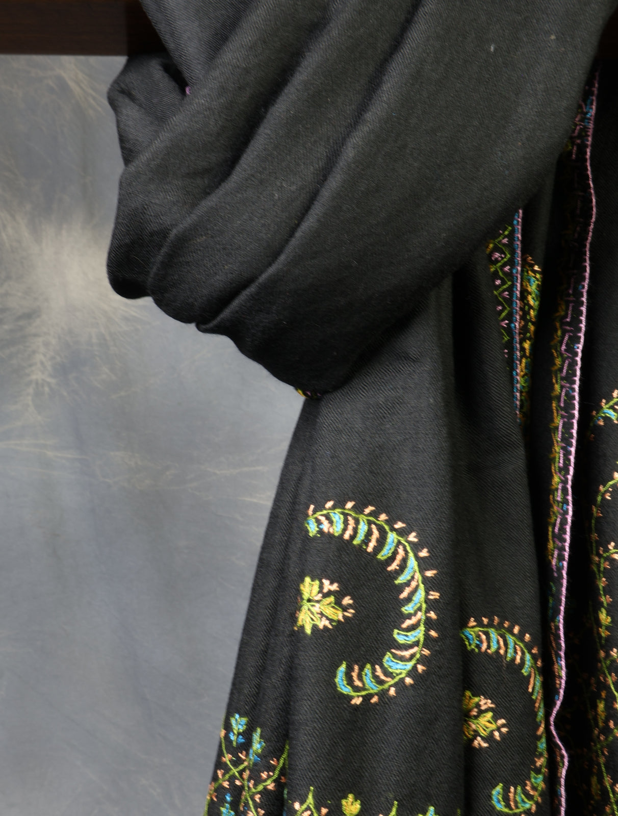 Black Base Big Border Embroidery Merino Shawl
