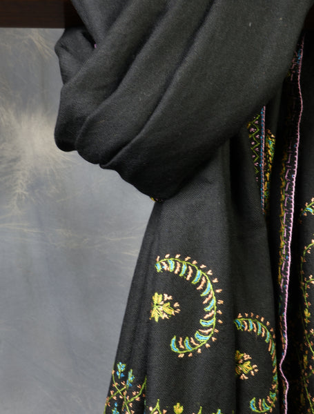 Black Base Big Border Embroidery Merino Shawl