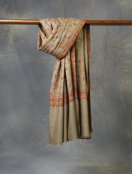 Beige Jali Embroidery Cashmere Pashmina Shawl