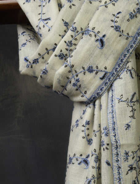 Ivory Blue Jali Embroidery Cashmere Pashmina Scarf