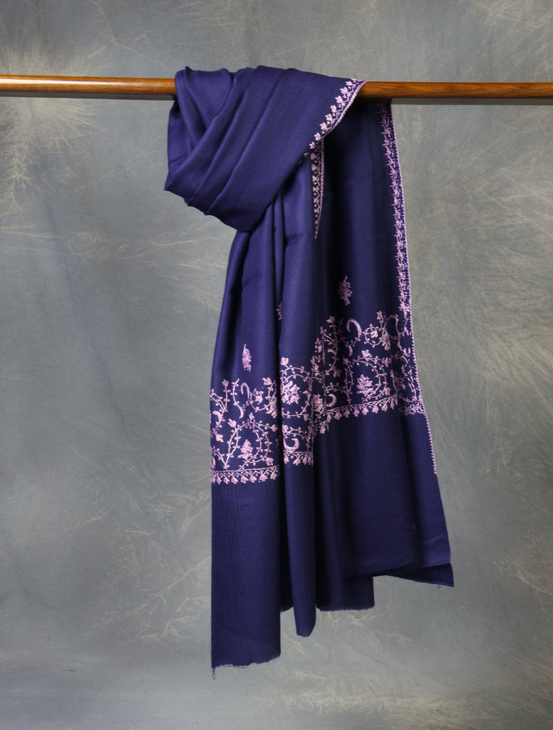 Navy Blue Base With Big Border Embroidery Merino Shawl