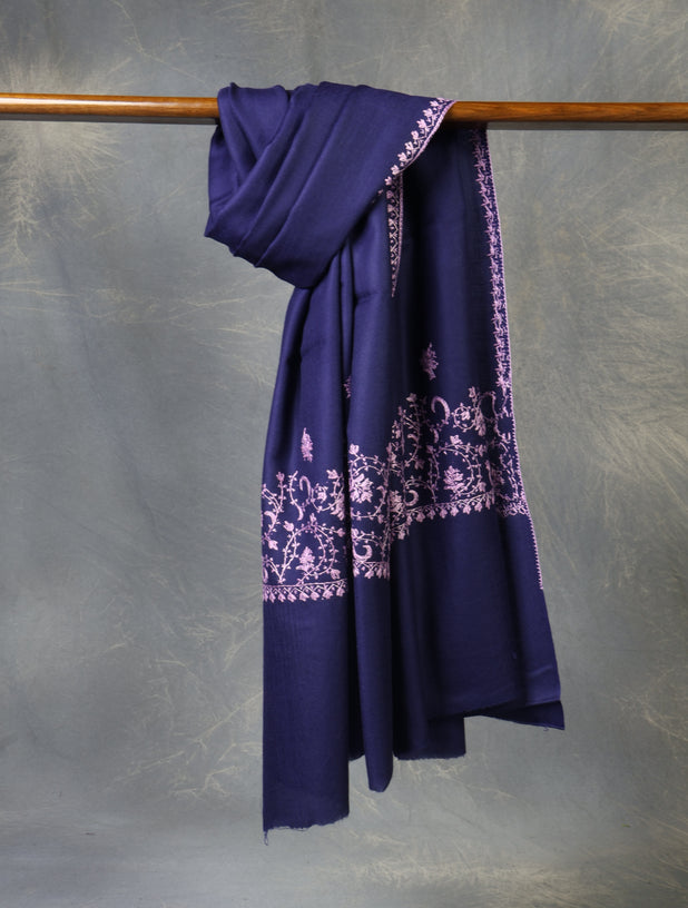 Navy Blue Base With Big Border Embroidery Merino Shawl