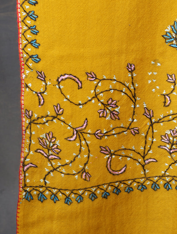 Mustard Base With Big Border Embroidery Merino Shawl