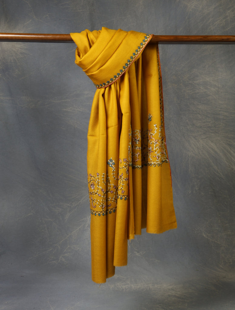 Mustard Base With Big Border Embroidery Merino Shawl