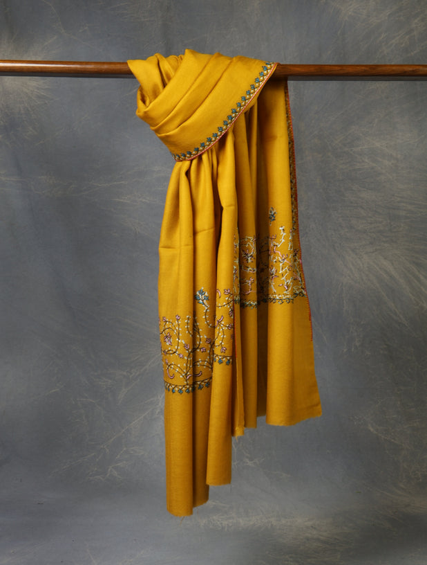 Mustard Base With Big Border Embroidery Merino Shawl