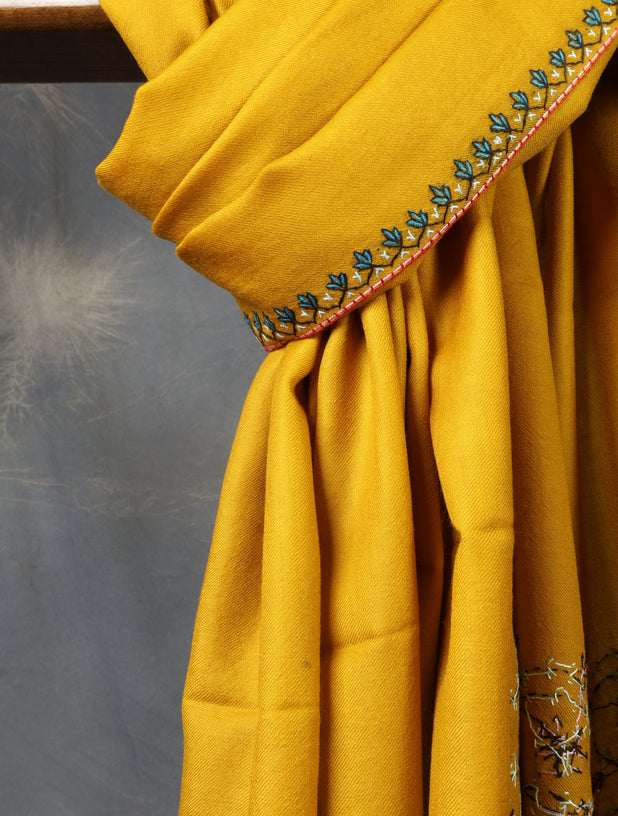 Mustard Base With Big Border Embroidery Merino Shawl