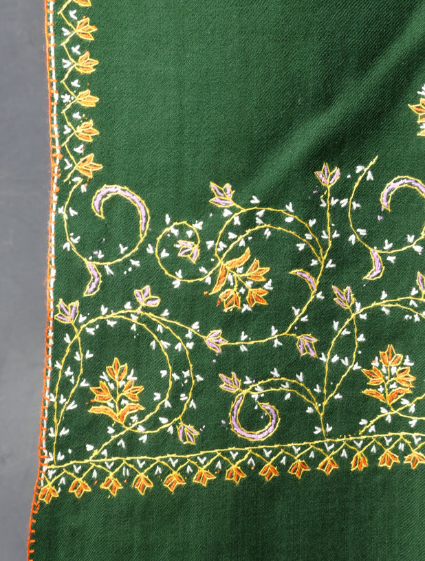 Bottle Green Base With Big Border Embroidery Merino Shawl