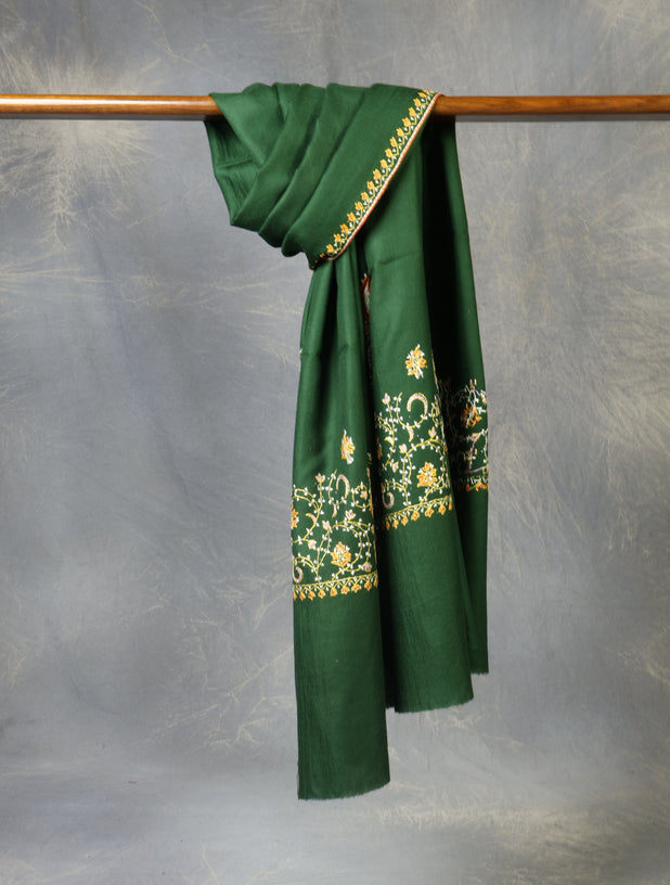 Bottle Green Base With Big Border Embroidery Merino Shawl