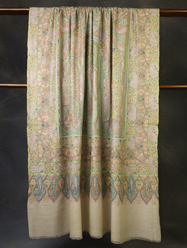 3 yard Ivory Jamawar Embroidery Cashmere Pashmina Shawl – detail view