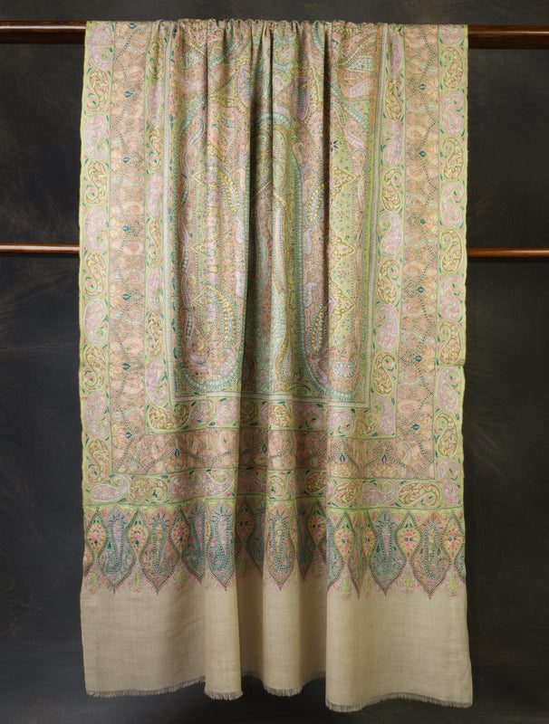 3 yard Ivory Jamawar Embroidery Cashmere Pashmina Shawl