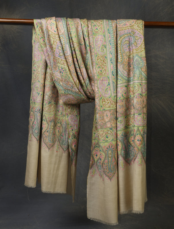 3 yard Ivory Jamawar Embroidery Cashmere Pashmina Shawl