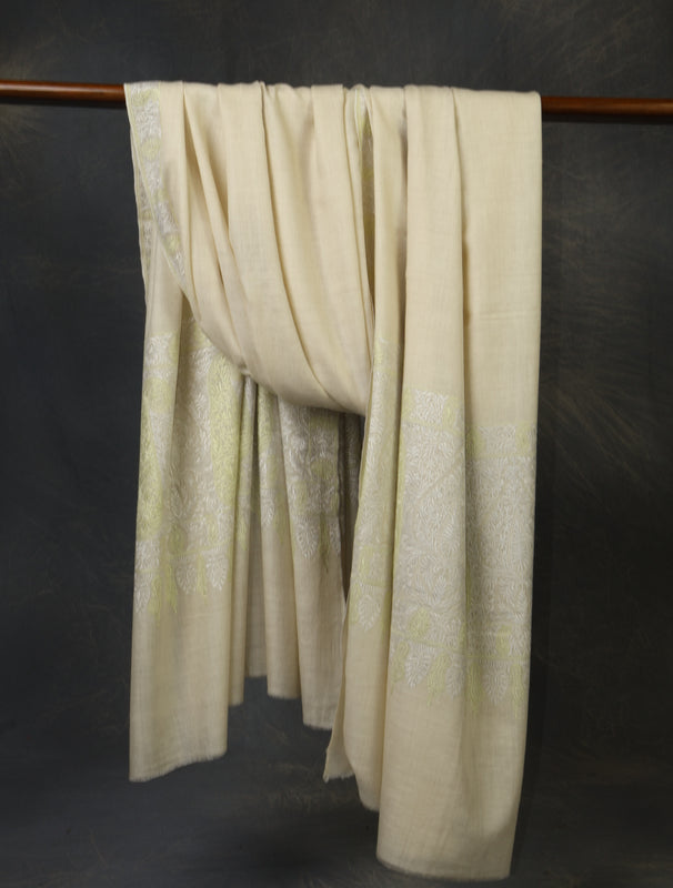3 yard Ivory Big Border Embroidery Cashmere Pashmina Shawl